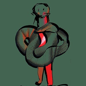 May include: A digital illustration of a person with a red body and a green snake wrapped around them. The snake is green and black with a textured pattern. The person is standing on a green background with the word "MOROF" written in black below them.