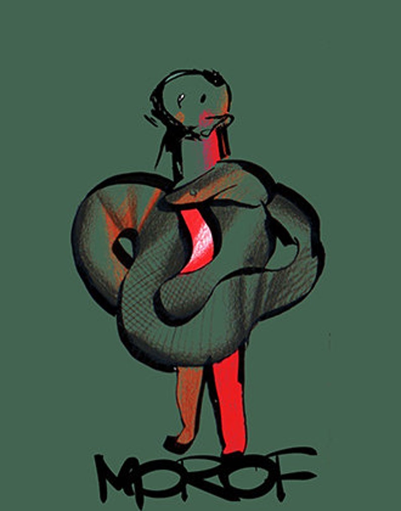 May include: A digital illustration of a person with a red body and a green snake wrapped around them. The snake is green and black with a textured pattern. The person is standing on a green background with the word "MOROF" written in black below them.
