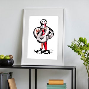 May include: A white framed print of a black and white illustration of a person with a snake wrapped around them. The person is wearing red pants and the snake is gray. The word "MOROF" is written in black below the illustration.