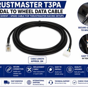 以下が含まれることがあります： 長さ約2メートルの黒いThrustmaster T3PAペダル・ホイール間データケーブル。片端にRJ12 6ピンの左オフセットコネクタ、もう片端にペダルPCBボード接続用のマルチカラーワイヤーコネクタを備えています。