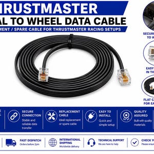 May include: A black Thrustmaster pedal to wheel data cable featuring an RJ12 6-pin left offset connector. The flat cable is designed for easy routing and secure connection to a racing wheel base, serving as a replacement or spare part.