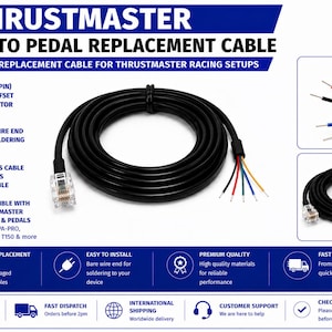May include: A black Thrustmaster wheel to pedal replacement cable featuring an RJ12 6-pin left offset connector on one end and bare wire ends for soldering on the other. The cable is coiled and includes detailed diagrams of the connector and wiring.