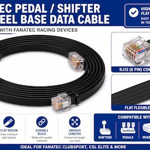 May include: A black flat flexible data cable for Fanatec racing devices, featuring RJ12 6-pin connectors at both ends. The cable is coiled in a circle and designed for connecting pedals or shifters to a wheel base for stable data transfer.