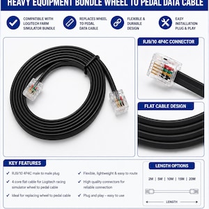 May include: A black data cable for the Logitech Farm Simulator heavy equipment bundle, featuring RJ9/10 4P4C connectors on both ends. The flat, flexible cable is designed for connecting a steering wheel to pedals, with visible internal wiring.