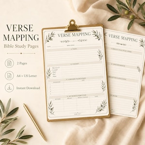 May include: Two white paper sheets titled Verse Mapping Bible Study Pages on a wooden clipboard with a gold clip. The pages feature sections for verse, context, translations, and word study, decorated with olive branch illustrations and black text.