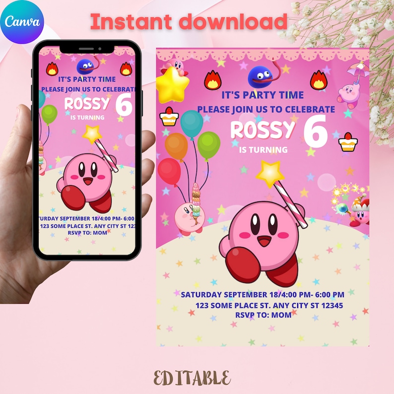 Editable Kirby Birthday Invitation Template Printable Birthday Party