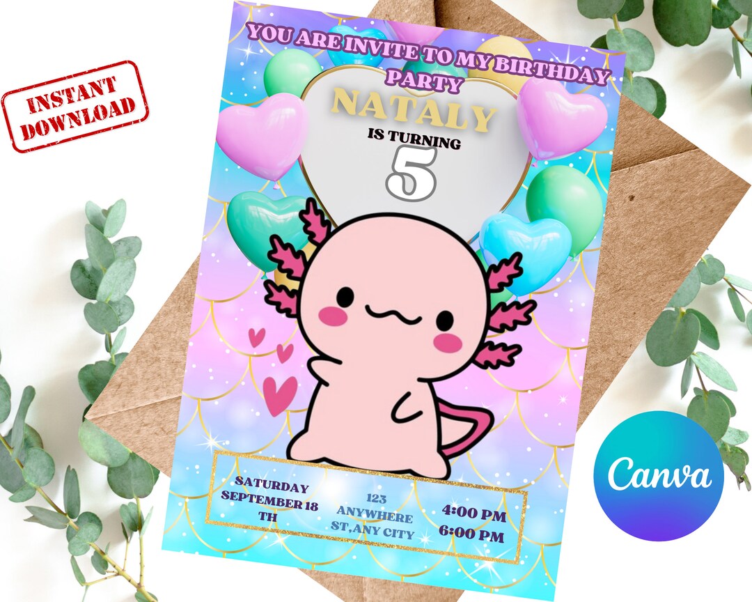 Axolotl Birthday Invitation, Editable Axolotl Birthday Invitation ...