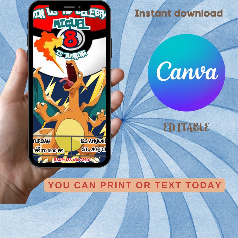 Editable Pokemon Birthday Invitation Pokemon Evite, Printable Charizard ...
