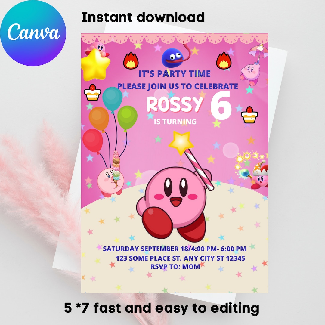 Editable Kirby Birthday Invitation Template Printable Birthday Party