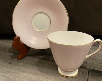 Vintage Crowford Bone China, Footed Tea Cup and Saucer Set, Light Pink and Gold Trim