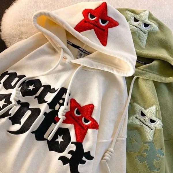 Streetwear fluffy hoodie, embroidered star hoodie, harajuku clothing, unisex matching hoodies, star hoodie, trendy hoodie, women hoodie, Y2k