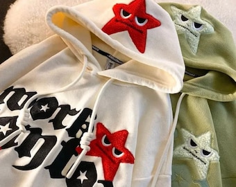 Streetwear fluffy hoodie, embroidered star hoodie, harajuku clothing, unisex matching hoodies, star hoodie, trendy hoodie, women hoodie, Y2k