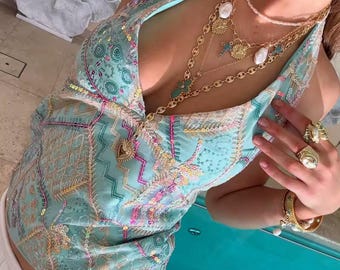 Handgemaakte ibiza, boho geborduurde haltertop, doorschijnende aquafestivalblouse, Y2K-strandoutfit, coquette-zomertop, vintage geïnspireerde resortkleding