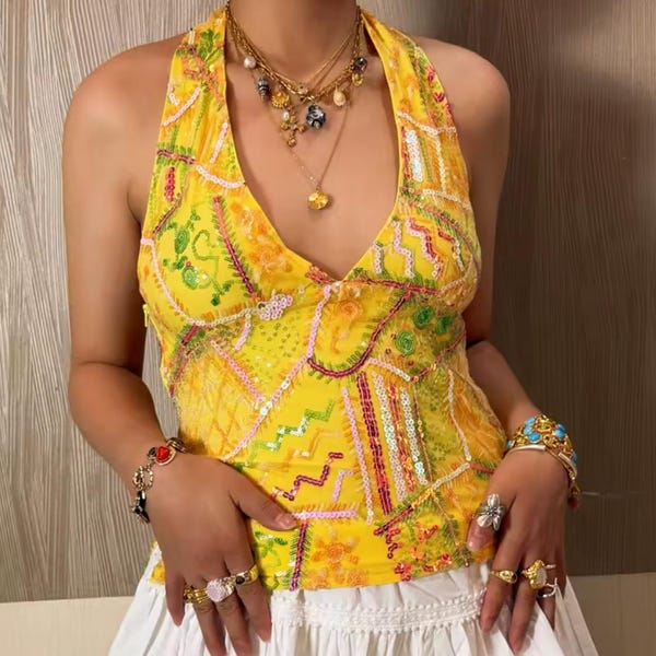 Handmade Embroidered Halter Top, Sheer Beaded Cami, Boho Festival Resort Wear