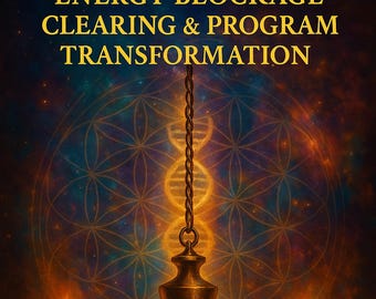 May include: An image with the text "ENERGY BLOCKAGE CLEARING & PROGRAM TRANSFORMATION" in gold lettering. A pendulum hangs from a chain, with two lit candles on either side. The background features a geometric pattern.