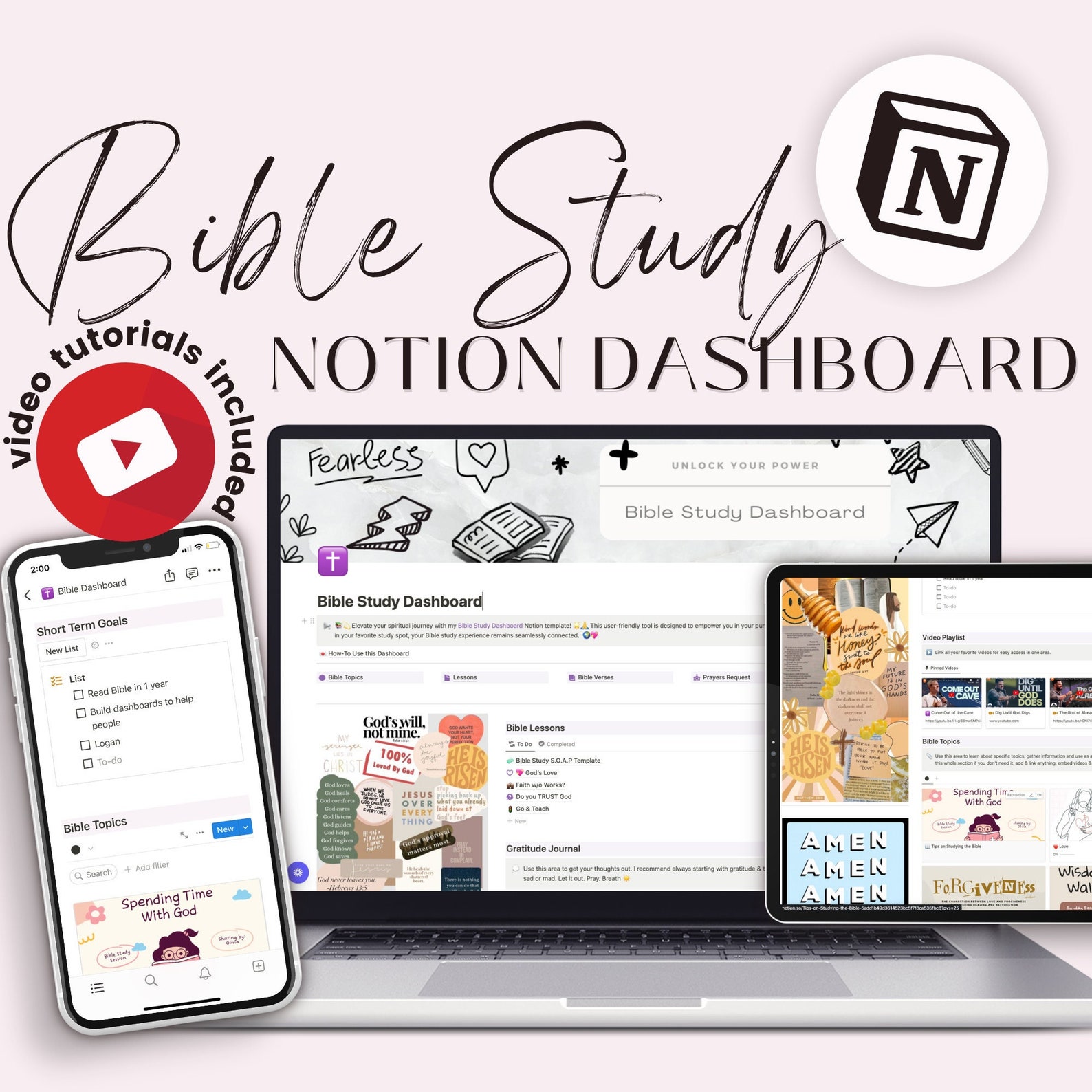 Notion Bible Study Dashboard Gratitude Journal, Prayer Requests