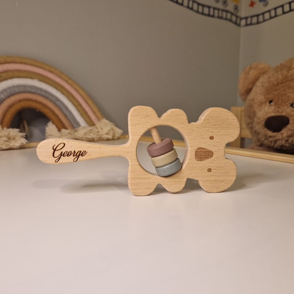 Personalized Wooden Baby Rattle, Baby Gift, Christmas, Birthday, Christening, Sensory, Montessori, Grasping Toy