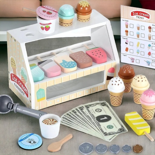 Wooden Ice Cream Shop, Play Kitchen Tea Party Set, Montessori Wooden Toy Play Set Gift