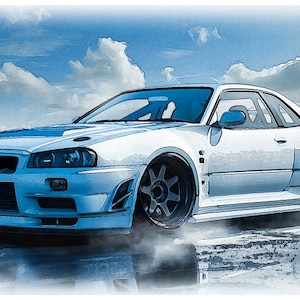 スカイラインGTR R34 part１「R34と富士山」水彩画 Nissan Skyline R34 GTR Watercolor Art Print – Limited Edition
