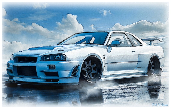 ワルツ　ニッサン車　水彩画 A4サイズ 日産スカイライン R34 GTR 水彩画アートプリント – 限定版（デジタル