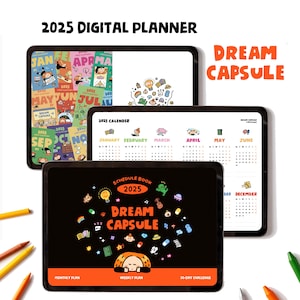 May include: A digital planner for 2025 with a black and orange theme. The planner features a cartoon character with a dream bubble and the text "Dream Capsule". The planner includes a monthly, weekly, and 30-day challenge section.