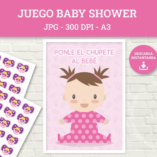 Juego baby shower, Ponle el chupete al bebé, Juegos baby shower español, Juegos imprimibles baby shower, Baby shower niña