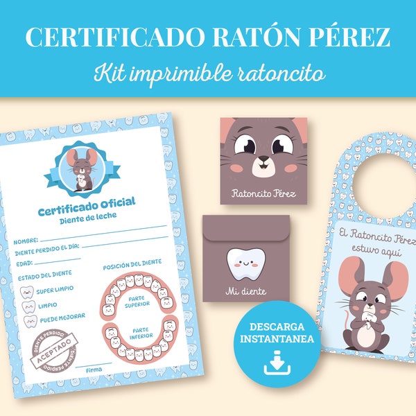 Certificado oficial Ratón Pérez, Certificado diente de leche, Certificado Ratoncito Pérez, Carta Ratón Pérez, Kit imprimible Ratón Pérez