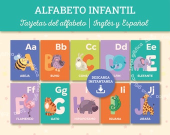 Tarjetas alfabeto de animales, Flashcards del alfabeto para niños, Tarjetas de aprendizaje, Alfabeto inglés y español, Alphabet Flashcards