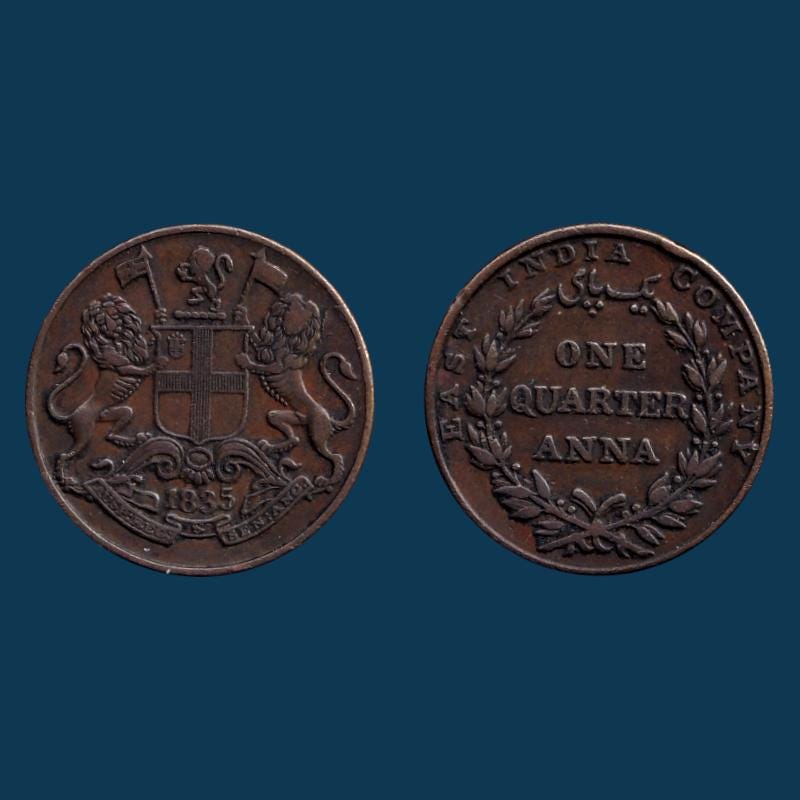 Coin British India 1/4 Anna 1835 Old Coin Antique C6
