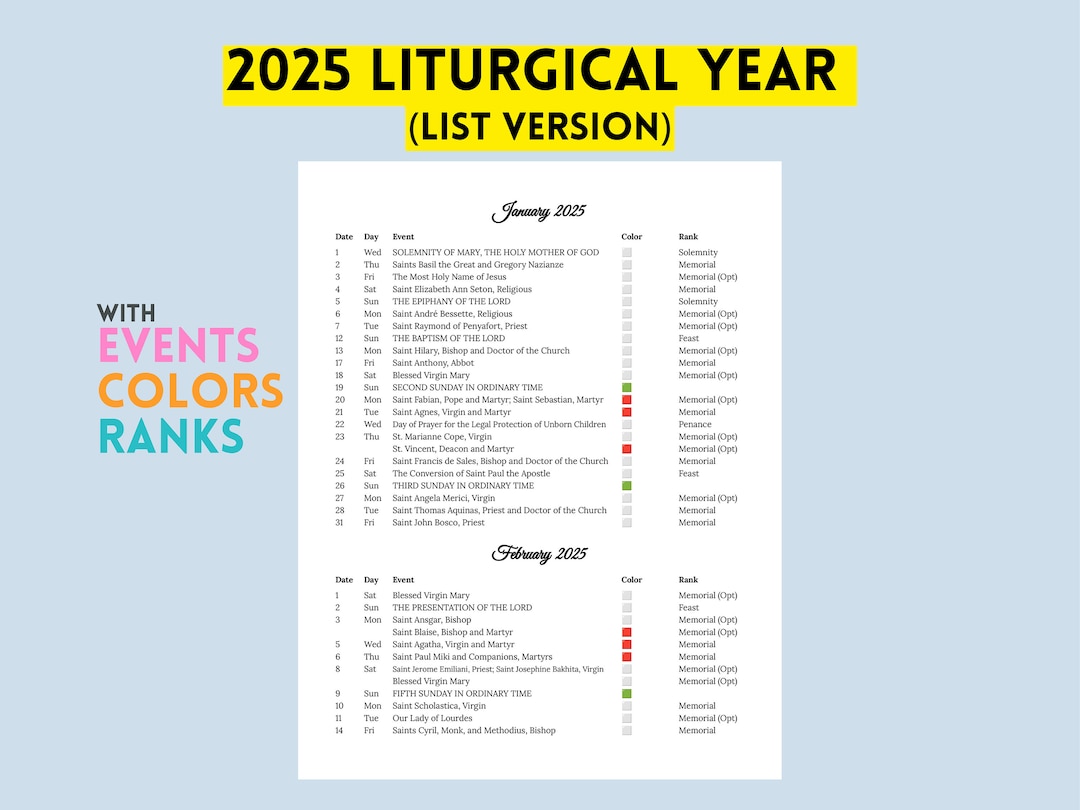 2025 Catholic Liturgical Calendar Guide List Version Printable Liturgical Events, Colors and
