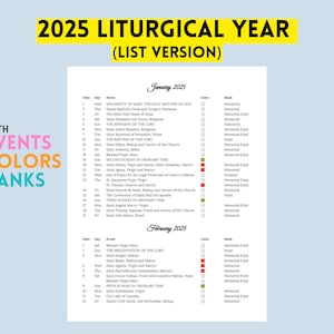 2025 Catholic Liturgical Calendar Guide List Version Printable | Liturgical Events, Colors and Rank guide | Liturgical Year PDF