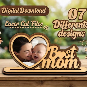 Texto de mãe em pé com moldura de foto em formato de coração, feliz dia das mães, presente para mãe SVG, arquivo de mãe a laser, presente de mãe faça você mesmo, download digital