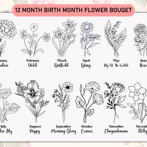 Clipart de flores del mes de nacimiento, paquete de Svg del mes de nacimiento, regalo de bricolaje, Svg de flores silvestres, fondo transparente, flor de cumpleaños, Svg de amapola botánica.