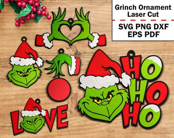 Grinch Face Ornament Laser Cut, Holiday Grinch Ornament Intricate Laser Cut Svg, Grinch Christmas Green Characters Svg, Digital Downloads.