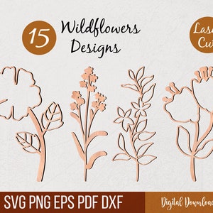 15 Wildflowers SVG Bundle, Wildflower Plotter File DXF Laser Cut Files For Cricut, Vector Wild Flowers Bouquet for Mom Wife Wood Ornament