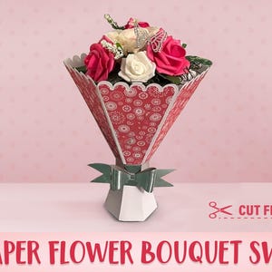 Bouquet di fiori di carta 3D SVG, Bouquet di rose arrotolate Vaso regalo SVG, San Valentino, Festa della mamma, Download immediato File di taglio Modello Cricut