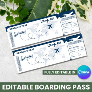 Bordkartenvorlage, bearbeitbare Canva-Bordkarte, Überraschungsreise, benutzerdefiniertes Flugticket, druckbare Reisegeschenkvorlage Canva-Datei