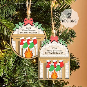 Enfeite de Natal para família, lareira com meias, 2 a 9 nomes, arquivo de corte a laser, decorações de meias com nomes de família personalizados SVG, arquivo digital