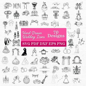 Icônes de mariage dessinées à la main SVG, clipart de chronologie de mariage, Illustrations d'art au trait, PNG et fichiers de coupe pour Cricut & Silhouette, téléchargement numérique.