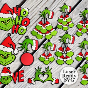 Lot Grinch personnalisé découpé au laser, ornement de Grinch en téléchargement numérique, visage de Grinch, décoration de Noël dessin animé & joyeux Grinchmas cadeau SVG