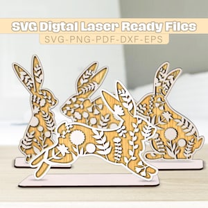 Fleur lapins de Pâques debout fichier Svg, téléchargement numérique multicouche lapin floral, fichier Svg de jour de Pâques, fichier Glowforge