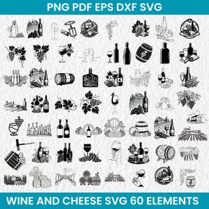 Wine and Cheese Svg Bundle, Wine Clipart, Grapevine svg, Grape Svg, Wine tasting svg, Wine barrel Svg, Cheese Svg, Wine Glass, Instant Fıle