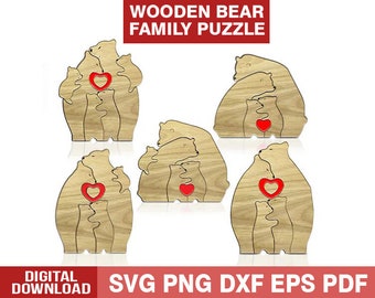 Wooden Bear Family Puzzle SVG Laser Cut File, Family Gift Puzzle Laser Cut Files, Love SVG Design, Fathers Day Gift, Mothers Day Gift.