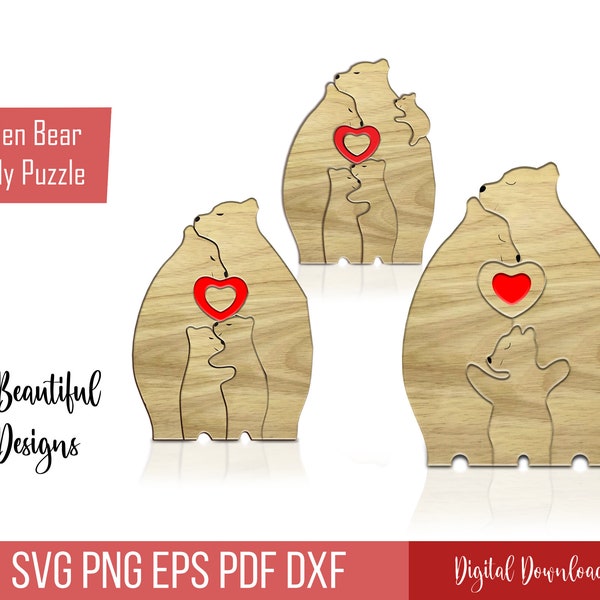 Wooden Bear Family Puzzle With 1 Kid, Heart Bear Family Puzzle Laser Cut, Cute Family Wooden Carved Puzzle, Love SVG Design, Mum Day Gift.