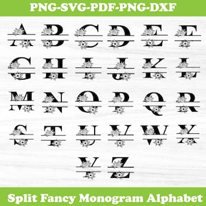 Pacote de SVG de monograma dividido, monograma inicial, clipart do alfabeto Flourish, arquivos de corte de letras divididas, moldura de nome de família, SVG de sobrenome.