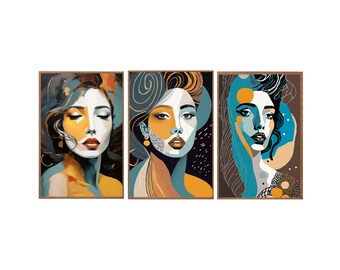 Digital art: Female face in contemporary painting, Pretty woman in abstract prints, Set of abstract art and beauty for you.