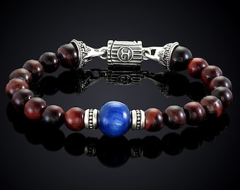 KYANITE: Stone of Self Expression and Harmony. Sterling silver bracelet with Magnetic Clasp. Featuring Red Tiger Eye Gemstones. Unique. Rare