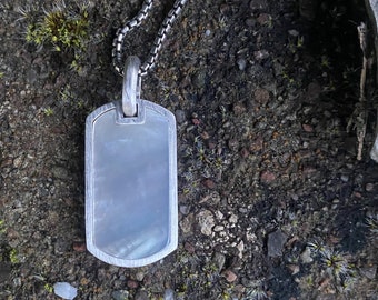 Pearl Dog-Tag — Solid Sterling Silver Dog-Tag featuring Mother of Pearl inlay. Unique statement piece. Genuine head-turner. Bestows Wisdom