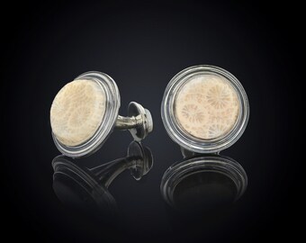CORAL FOSSIL: Solid Sterling Silver Cufflinks featuring a genuine 20 Million year old prehistoric coral. Perfect conversation starters.