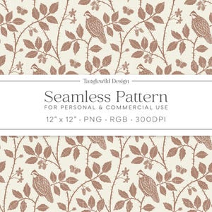 Moderne Chinoiserie Quail & Bramble nahtlose Rapportmuster, braun und creme, Sofortiger Download digitales Papier, Wald Bauernhaus Floral Stil